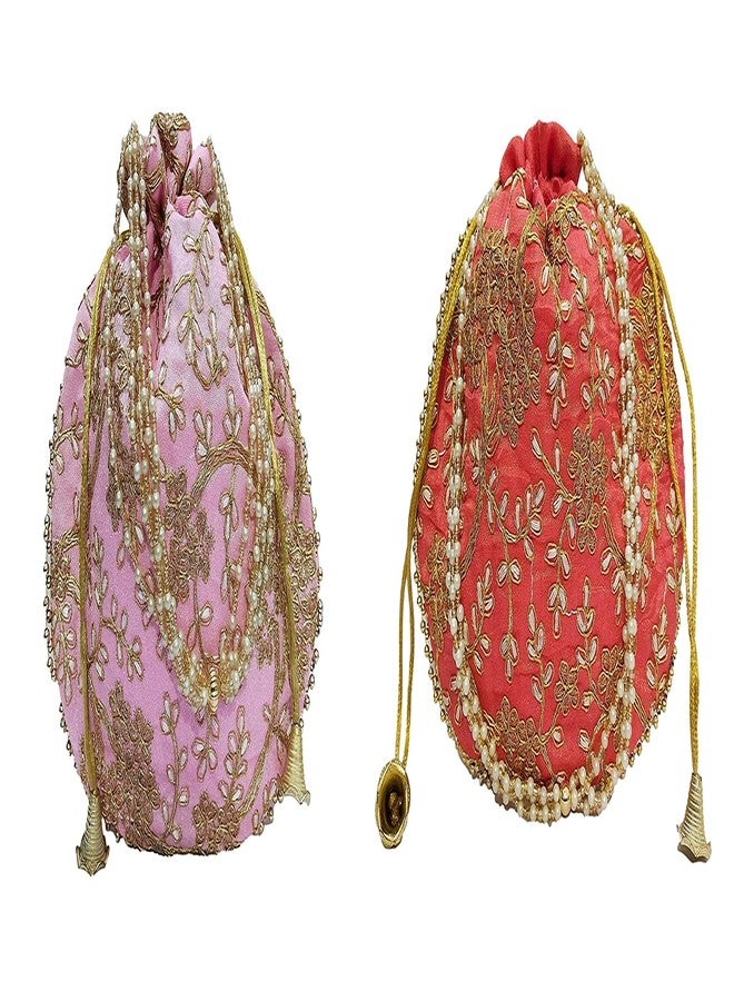 athizay حقيبة بوتلي من أثيزاي (عبوة من قطعتين) باللون الأحمر الجزر والوردي الفاتح، حقائب يد ماتكا للنساء والفتيات لحفلات الزفاف وهدايا التوزيع. - Image 1